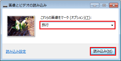 画像にタグを設定したい場合は「これらの画像をマーク」ボックスに任意のタグを入力し、「読み込み」をクリックします